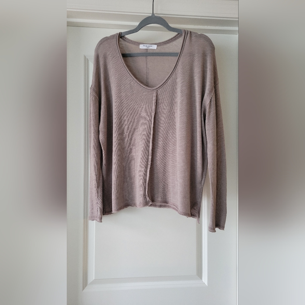 NWOT- Project Social T Taupe Long Sleeve Slub Knit Raw Edge Top Medium